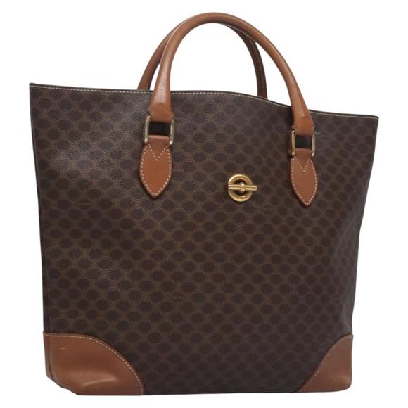 CELINE Macadam Canvas Hand Bag PVC Leather Gold Brown Auth BD816 - Picture 1 of 16